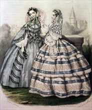 VICTORIAN CRINOLINE HOOPED SKIRTS about 1860 with the ladies showing their 'pagoda' style sleeves