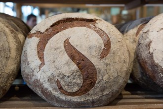 The registered trademarked "P" on a round sourdough country bread referred to as a miche or pain Poilâne in Paris France