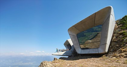 Elevation of picture window and viewing balcony. Messner Mountain Museum Corones, Mount Kronplatz, Italy. Architect: Zaha Hadid