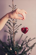 A hand is holding a decorative heart by a christmas tree