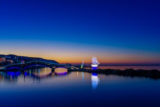 Bridge on the Ionian island of Lefkas Greece at sunset with Christmas decorations