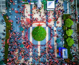 SantaCon parade in 2015. Aerial view over Union Square in San Francisco.