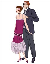 Couple on party. Man and woman in cocktail dress in vintage 1920s style. Retro party illustration.