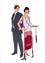 Couple on party. Man and woman in cocktail dress in vintage style 1920's. Portrait of an attractive flapper girl with her boyfriend. Retro fashion vec