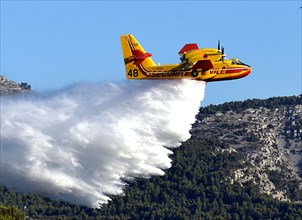 Canadair firefighting aircraft (water bomber) in-flight, Marseille, Bouches-du-Rhone, France