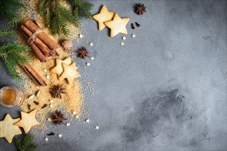 Christmas spices, gingerbread cookies and baking ingredients on grey concrete background. Cinnamon, anise stars, nutmeg, cardamon, cloves, brown sugar