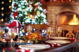 Christmas dinner at fireplace and decorated Xmas tree. Dish with roasted turkey, salad and baked potato served for festive family meal. Wine bottle wi