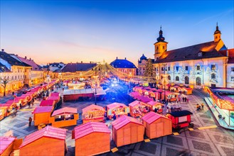 Sibiu, Romania. Panoramic view of the Christmas Market. Transylvania, Romania.