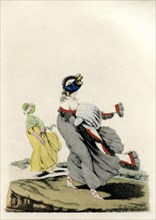 Ladies' clothing circa 1797, Ladies dressed in winter clothes on a cliff in strong wind, Gallery of Fashion, London