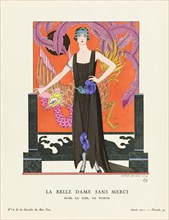 La Belle Dame Sans Merci.  A Beautiful, Merciless Woman. Robe du Soir, de Worth.  Evening dress by Worth.  Art-deco fashion illustration by French artist George Barbier, 1882-1932.  The work was creat...