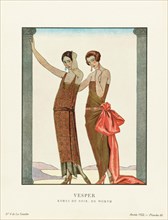Vesper.  Evening. Robes du Soir, de Worth.  Evening dresses by Worth.  Art-deco fashion illustration by French artist Georges Barbier, 1882-1932.  The work was created for the Gazette du Bon Ton, a Pa...