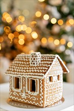 Gingerbread house on table. Defocused lights of Christmas tree. Morning in the bright living room. Holiday mood.