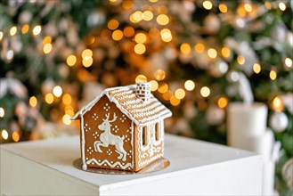 Gingerbread house on table. Defocused lights of Christmas tree. Morning in the bright living room. Holiday mood. Figure deer