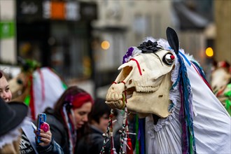 Chepstow, Wales, UK. 19th January 2019. 3pm Saturday 19th January 2019: Chepstow, Wales. The ancient Welsh tradition of Mari Lwyd sees decorated horse skulls  carried from door to door. Morris Dancers...