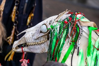 Chepstow, Wales, UK. 19th January 2019. 3pm Saturday 19th January 2019: Chepstow, Wales. The ancient Welsh tradition of Mari Lwyd sees decorated horse skulls  carried from door to door. Morris Dancers...