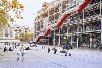 PARIS, FRANCE - October 24, 2017 : Facade of the Centre of Georges Pompidou - modern Art museum, was designed in style of high-tech architecture