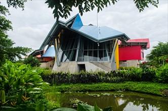 View of the Biomuseo, from the lush botanical garden that surrounds the facility designed by the world famous architect Frank Gehry