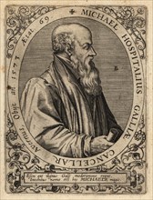 Michel de l'Hopital, 1507-1573, French statesman, ambassador,  chancellor, and Latin poet, at age 69. Michael Hospitalius Galliae Cancellar. Copperplate engraving by Johann Theodore de Bry from Jean-J...
