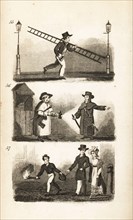 The Lamplighter, Watchman and Link-boy. London lamplighter with ladder and fuse lighting streetlamps 55, watchman in great coat with lantern and rattle 56, and link-boy with torch guiding a couple alo...