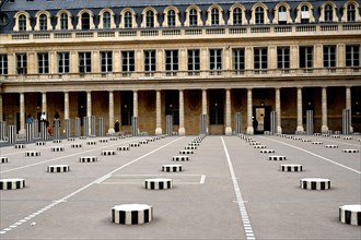Paris, France - June 19, 2020: Cour d'Honneur in Palais Royal  in Paris, France : Famous Black and white Buren Columns