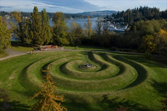 Aerial view of Luther Burbank Park looking south towards the I-90 Bridge on Mercer Island, Washington.