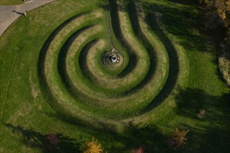 Aerial view of the earth sculpture in Luther Burbank Park on Mercer Island, Washington.