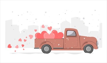 Snowy winter day city background and retro pickup truck with hearts. Card for a Saint Valentine Day. Vector illustration