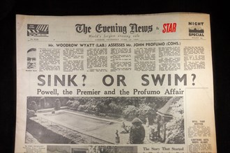 Front page headline "Sink? or Swim?" (relating to the Profumo affair) in the Evening News newspaper (Thursday 13th June 1963), London, UK.
