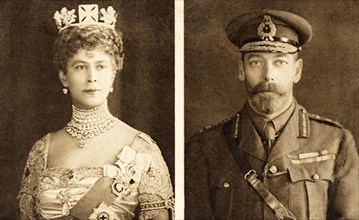 Potraits pf Queen Mary wearing a crown and King George V in army uniform. Taken from a poscard included in some of the 1914 Queen Mary gift tins for British army soldiers serving in theFirst World War...