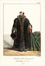 Michel de l'Hôpital, French statesman and Chancellor of France, 1507-1573. In fur-lined velvet cape and fur hat. Michel de l'Hospital. Chancelier de France. Handcoloured lithograph by Lorenzo Bianchi ...