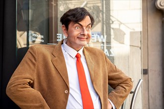 Mr. Bean, Rowan Atkinson British sitcom character wax statue, Polonia wax museum, Krakow, Poland. Portrait, closeup, famous film movie actors wax stat