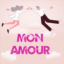 Handwriting text MON AMOUR. Business showcase French name of lover Happy Valentines Day Couple holding hands forming romantic heart representing love.