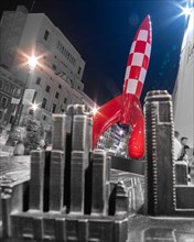 Madrid Spain; October 5, 2022: Hergé lands in Madrid. Tintí's rocket next to the Metropoli building on Gran Vía