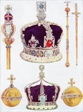 An illustration of a selection of the Crown Jewels of the United Kingdom, c1930. By William Heath Robinson-á(1872-1944). The illustration features, clockwise from top left: Sovereign's Sceptre with Cr...