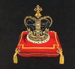 An illustration of Saint Edward's Crown, 1953. An illustration from the time of the coronation of Queen Elizabeth II (1926-2022). St Edward's Crown is the centrepiece of the Crown Jewels of the United...