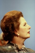 Margaret Thatcher, leader of the Conservative party, on the platform at the 1982 Conservative Party Conference, Brighton, UK