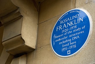 english heritage blue plaque marking a former home of pioneering scientist rosalind franklin, noted for her work on dna, kensington, london, england