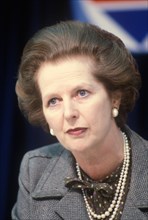 Mrs Margaret Thatcher  portrait 1983 General Election press conference London UK 1980s. HOMER SYKES