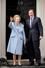 Prime Minister David Cameron meets former Conservative Prime Minister Baroness Margaret Thatcher at Downing Street, London.