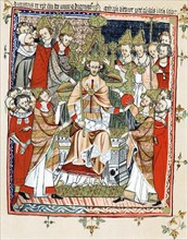 Coronation and unction of a king, from a French 'life' of Edward the Confessor (d1066) of c1245. Probably portrait of Henry III of England crowned 1216 at Gloucester and 1220 at Westminster. Chromolit...
