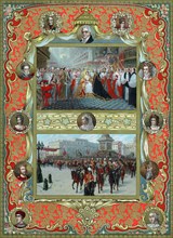 Victoria (1819-1901) queen of England from 1837 and Empress of India from 1876. Coronation in Westminster Abbey, 28 June 1837. Archbishop of Canterbury placing crown on queen's head (top); Jubilee pro...