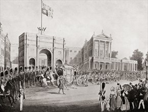 Coronation procession of Queen Victoria in 1838, leaving Buckingham Palace through the Marble Arch.