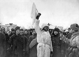 BATTLE OF STALINGRAD  August 1942-February 1943) German group surrendering in posed Soviet film footage