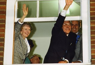 Margaret Thatcher PM and husband Denis Thatcher celebrate after winning 1987 General Election, 10 Downing Street, London, Friday 12th June 1987.