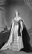 1830s DRAWING FULL FIGURE QUEEN VICTORIA RULER OF GREAT BRITAIN AS YOUNG WOMAN REGALIA CROWN ROBES MONARCH 1837 - 1901