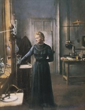 Portrait of Marie Curie in her laboratory. Curie (1867-1934) was a Polish-French chemist and physicist and a pioneer of radiology. She was the first person to receive two Nobel Prizes (chemistry and p...