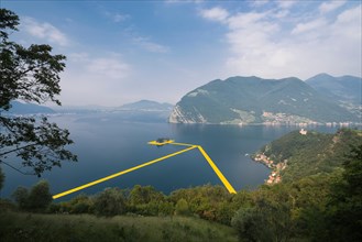 Swimming pontons are placed between the islands for Christo's project 'The floating piers' on Lake Iseo in Italy