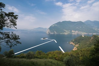 Swimming pontons are placed between the islands for Christo's project 'The floating piers' on Lake Iseo in Italy