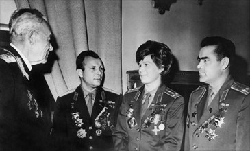 k.a. vershinin with yuri gagarin,valentina tereshkova nikolayev and andrian nikolayev,1964