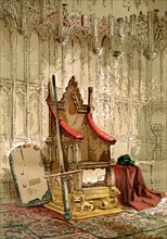 The Coronation Chair, Westminster Abbey, City of Westminster, London, England. Here seen with the Stone of Scone which was returned to Scotland in 1996.  From Old England: A Pictorial Museum, publishe...